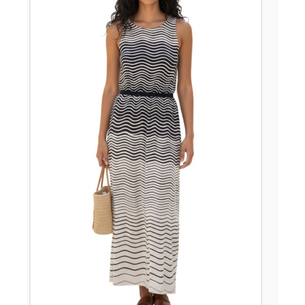 LOFT Ann Taylor NAVY BLUE BEIGE Wavy Striped JERSEY KNIT MAXI DRESS XSP XS-P